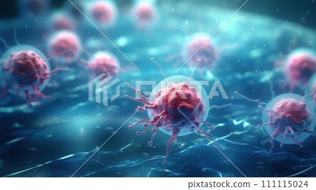 Viruses and bacteria under microscope. Cancer cells that cause cancer in the human body. Macro. A terrible disease of humanity. Science, medicine and immunology concept. Medical background 111115024