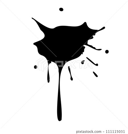 Ink blot. Abstract stain with drops and splashes. Black paint splatter. Vector illustration isolated on a white background. Liquid dirty inkblot. Design element. Grunge texture. 111115031