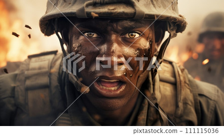 Dramatic depiction of soldier in a warzone, with fire and debris creating a chaotic backdrop. African American young male warrior wearing a helmet. Hostilities 111115036