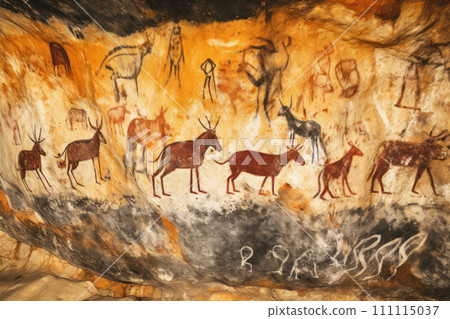 Cave painting. Cave Wall Chronicles. Stories Told Through Primitive Ancient Art. Old rock paintings of primitive people. Stone Age. Art and drawings of cavemen. History and archaeology 111115037