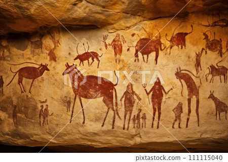 Cave painting. Ancient Cave Art. Old rock paintings of primitive people. Stone Age. History and archaeology. Art and drawings of cavemen. Glimpse into Prehistoric Life 111115040