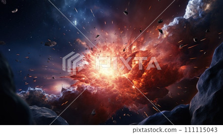 Big Bang. Explosions in space with fiery flashes. A digital art representation of cosmic burst. Big cosmic explosion in space against background of stars and galaxies 111115043