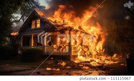 Fire in house. The house is on fire, engulfed in flames. Burning building. Wildfire. Inferno Destroys Home. Catastrophe, accident. Residential Ruin Fire in house. The house is on fire, engulfed in flames. Burning building. Wildfire. Inferno Destroys Home. Catastrophe, accident. Residential Ruin 111115067