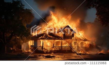 Fire in house. The house is on fire, engulfed in flames. Burning building. Wildfire. Inferno Destroys Home. Catastrophe, accident. Ruin. Fire in house. The house is on fire, engulfed in flames. Burning building. Wildfire. Inferno Destroys Home. Catastrophe, accident. Ruin. 111115068