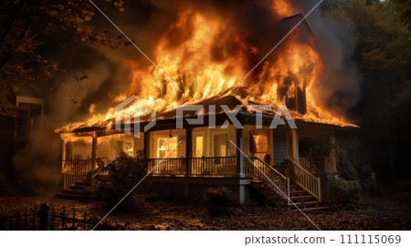 Fire in the house. The house is on fire, engulfed in flames. Burning building. Wildfire. Inferno Destroys Home. Catastrophe, accident. Ruin. Fire in the house. The house is on fire, engulfed in flames. Burning building. Wildfire. Inferno Destroys Home. Catastrophe, accident. Ruin. 111115069