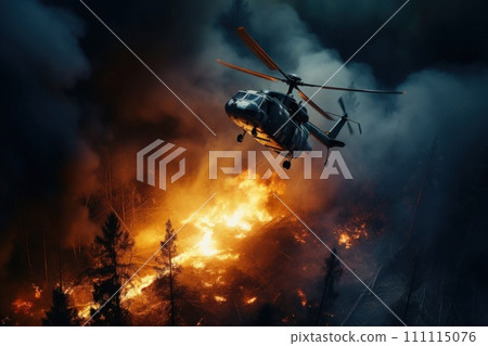 Helicopter extinguishes fire in the forest. View from above. Helicopter Overcomes Forest Inferno. Brave firefighters stop a natural disaster and save nature 111115076