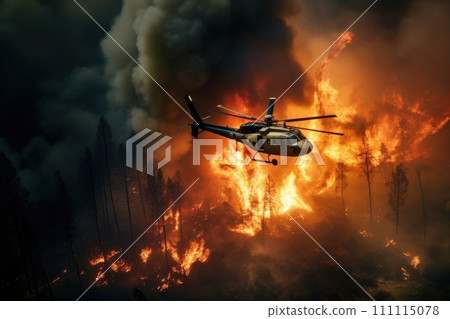 Helicopter extinguishes a fire in the forest. View from above. Helicopter Overcomes Forest Inferno. Brave firefighters stop a natural disaster and save nature 111115078
