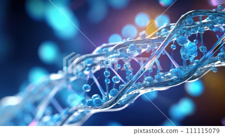 Abstract background. Molecular structure. Blue Water Molecules. DNA strand from clear water. Close up. Science or medical backdrop. Concept of science, chemistry, medicine, technology. Copy Space. 111115079