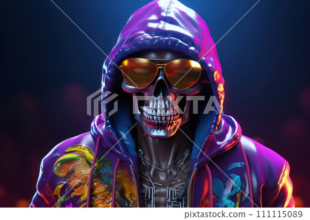Stylish silver male skeleton rapper in a vibrant hip hop clothes with hood, wearing sunglasses, posed on purple background. Fashionable human skeleton. Funny character. 111115089