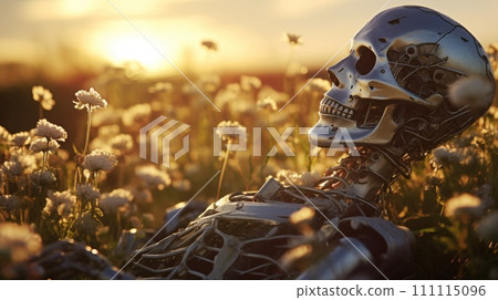 Metal skeleton of android lies in field with flowers at sunset. Broken discarded Destroyed robot. Details and components of bot. Dead robot. 111115096