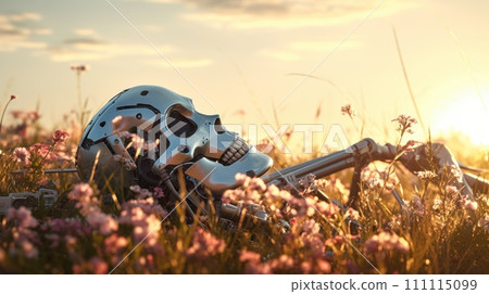 Metal skeleton of android lies in field with flowers at sunset. Broken discarded Destroyed robot. Details and components of the bot. Dead android. 111115099