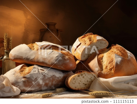 Homemade bread on rustic table on dark background. Delicious freshly baked white bread from organic whole grain wheat flour. Healthy food. For food blog, recipe book, bakery, cafe, restaurant. Homemade bread on rustic table on dark background. Delicious freshly baked white bread from organic whole grain wheat flour. Healthy food. For food blog, recipe book, bakery, cafe, restaurant. 111115113