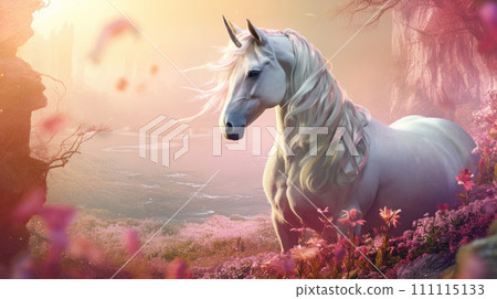 White unicorn in fairyland in beautiful valley with pink flowers. White horse with horn. Magical creature. Fantasy world. For print, design of kids fairy tale books. 111115133