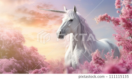 White unicorn in fairyland in beautiful valley with pink flowers. White horse with horn. Magical creature. Fantasy world. For print, design of kids fairy-tale books. 111115135