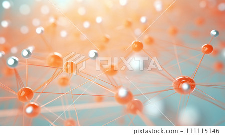 Abstract molecular background. Pastel colors. Futuristic Sphere Network. Interconnected spheres in a radiant orange hue against a cool blue backdrop. Theme of medicine and technology. 111115146