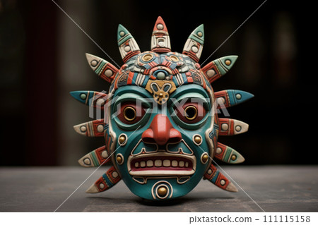 Aztec traditional, ceremonial mask on dark background. Warrior mask. Tribal totem. Aztec-inspired mask showcasing intricate detailing and craftsmanship. Traditions and customs of ancient Aztecs Aztec traditional, ceremonial mask on dark background. Warrior mask. Tribal totem. Aztec-inspired mask showcasing intricate detailing and craftsmanship. Traditions and customs of ancient Aztecs 111115158