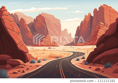 Hyper-detailed Cartoon Illustration of a Desert Road in a Canyon with Red Mountains, generative ai 111115182