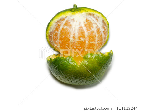 Unripe tangerine. Peeling a tangerine. Green fruit on a white background. Sour ingredient. Citrus isolate. Unripe tangerine. Peeling a tangerine. Green fruit on a white background. Sour ingredient. Citrus isolate. 111115244