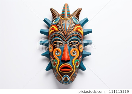 African ethnic tribal ritual mask isolated on white background. Futuristic Tribal Mask of warrior. A Blend of Tradition and Modernity. Traditions and customs of Africa. African ethnic tribal ritual mask isolated on white background. Futuristic Tribal Mask of warrior. A Blend of Tradition and Modernity. Traditions and customs of Africa. 111115319