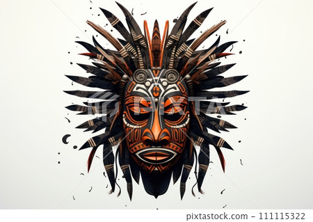 African ethnic tribal ritual mask isolated on white background. Abstract Art. Metallic Tribal Mask with Feathers. Traditions and customs of Africa. African ethnic tribal ritual mask isolated on white background. Abstract Art. Metallic Tribal Mask with Feathers. Traditions and customs of Africa. 111115322