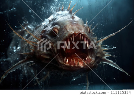 Menacing deep-sea fish with sharp teeth lurking in the dark underwater abyss. Angler fish. Fantastic aquatic creature. Mysterious underwater world Menacing deep-sea fish with sharp teeth lurking in the dark underwater abyss. Angler fish. Fantastic aquatic creature. Mysterious underwater world 111115334