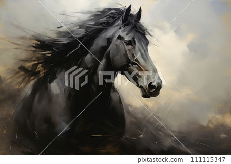 Portrait of Majestic Black Horse. Power and Grace of Wild Horse. Painting in style of Impressionism and oil painting, rough brush strokes. ?oncept of freedom and beauty of wild animals in nature 111115347