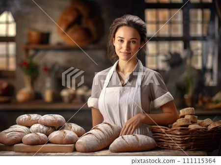 Young lady housewife and homemade baked goods. Baker woman showcasing a variety of freshly baked bread and buns in a rustic kitchen setting. Smiling girl in a white apron. 111115364