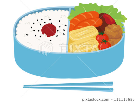 [Vector] Illustration of a homemade bento box with popular side dishes in a blue lunchbox. 111115683