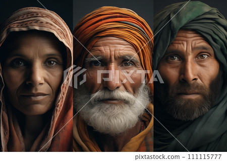 Portrait of an old Muslim man and woman in a headscarf Portrait of an old Muslim man and woman in a headscarf 111115777