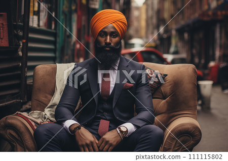 Portrait of a handsome Indian Sikh businessman wearing turban and sitting on a chair in the street Portrait of a handsome Indian Sikh businessman wearing turban and sitting on a chair in the street 111115802