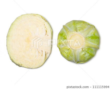 Pieces of white cabbage on a white background. From the garden. Vegetable isolate. Cut cabbage. Healthy lunch ingredient. Healthy food concept. An ingredient for borscht. 111115994
