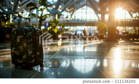 Camouflage suitcase on the blurred background of the train station. Waiting room. Camouflage suitcase on the blurred background of the train station. Waiting room. 111116205