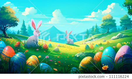 Two white bunnies on the lawn with Easter painted eggs on a sunny day. 111116224