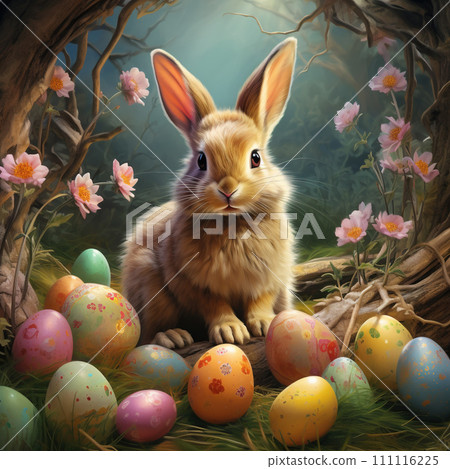 Easter bunny with colorful eggs in the forest. Greeting card. 111116225
