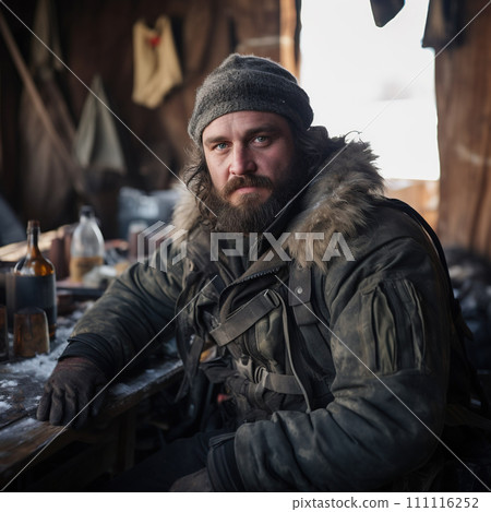 Portrait of a man. Brutal man with a beard against the background of devastation. 111116252