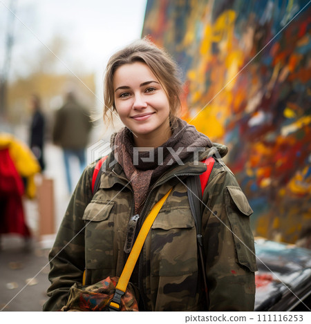 Volunteer girl in camouflage warm jacket.  111116253