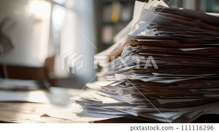 Pile of documents on the desk. Selective focus and shallow depth of field. 111116296