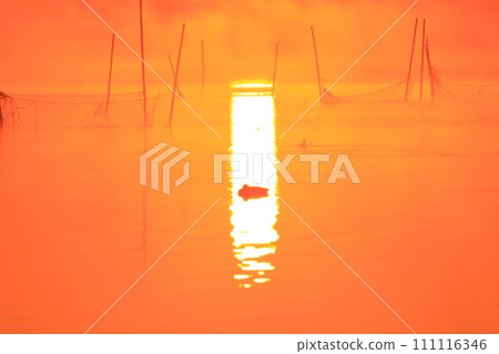 Asahi reflected on the surface of the water 111116346