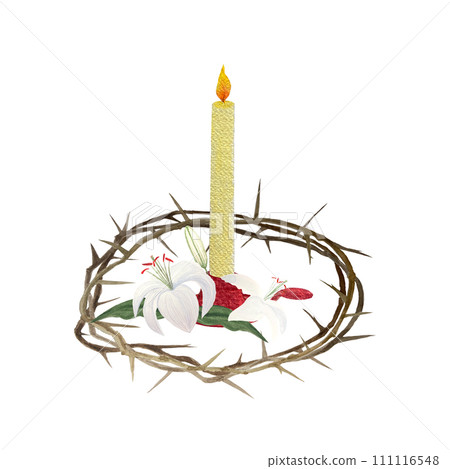 Watercolor crown of thorns and lilies for Easter, holy Thursday, religious illustration isolated on white 111116548