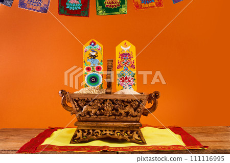 Losar Tibetan New Year. A Chemar box for Tibetan New Year with roasted barley and barley flour. Losar Tibetan New Year. A Chemar box for Tibetan New Year with roasted barley and barley flour. 111116995