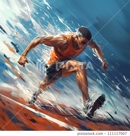 AI-generated content. Athletic man runs in a track of a stadium with brush effect. Generative AI 111117007