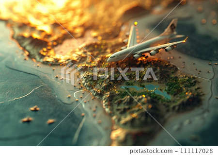 AI-generated content. Travel concept with an aicraft over a continent. Generative AI 111117028