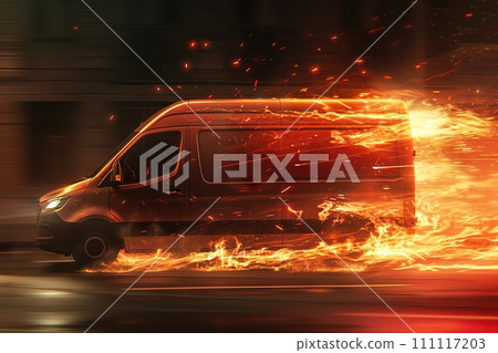 AI-generated content. Super fast delivery of package service with van fire effect. Generative AI 111117203