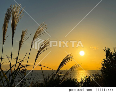 A photo looking down from a hill, with the waves crashing on the big ocean, the blue sky, the sun, and the setting sun mixing together. 111117333
