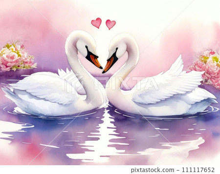 Two swans in a tender embrace, watercolor illustration. Valentine's Day card. With space for text. Generative AI Two swans in a tender embrace, watercolor illustration. Valentine's Day card. With space for text. Generative AI 111117652