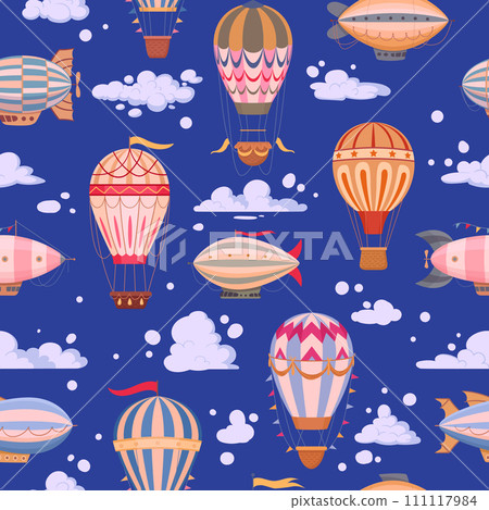 Hot air balloon seamless pattern. Vintage cartoon air balloons, retro aircrafts print flat vector background illustration. Retro air transport endless design 111117984