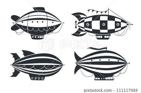 Vintage dirigibles silhouettes. Retro aircrafts, hot air airships flat vector illustration set. Flying transportations silhouettes on white 111117988