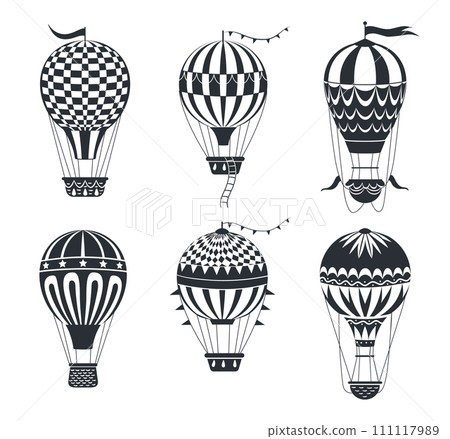 Vintage hot air balloons silhouettes. Flying retro aircrafts, hot air balloons flat vector illustration set. Romantic transportation silhouettes 111117989