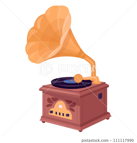 Vintage music gramophone. Antique device for listening music, nostalgic gramophone player flat vector illustration. Retro gramophone on white background 111117990