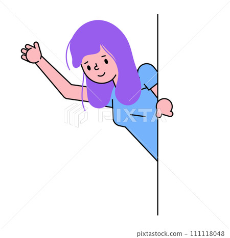 Young cartoon girl peeking from behind a wall, purple hair, blue dress, waving hand. Childish curiosity and playful character hiding game vector illustration. 111118048